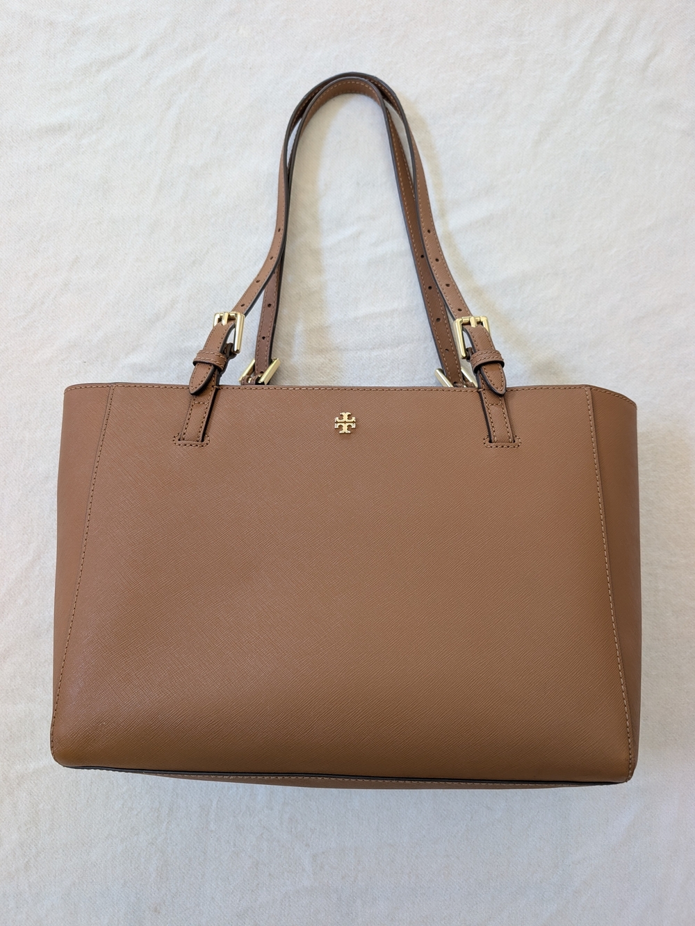 Tory Burch Emerson Buckle Large Tote In Brown Saffiano Leather Bag
